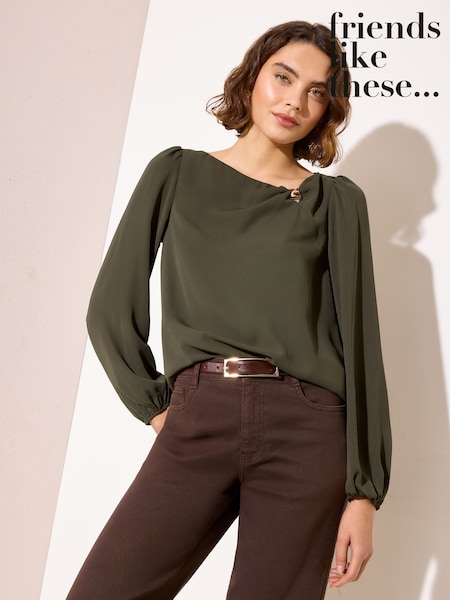 Friends Like These Khaki Green Long Sleeve Hardware Detail Drape Blouse (H86291) | R$ 325