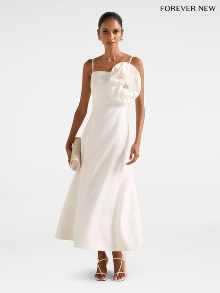 Forever New White Felicia Petite Flower Midi Dress Contains Linen (H86367) | €154