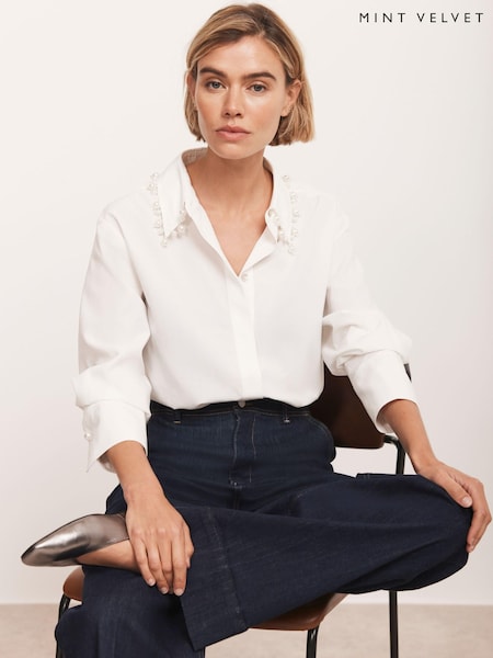Mint Velvet Cotton Blend Pearl Collar Shirt (H86527) | 126 €