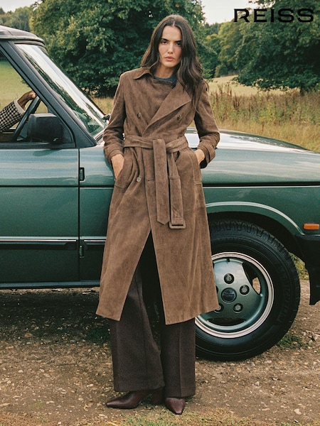 Reiss Taupe Neutral Hattie Suede Suede Belted Trench Coat (H86637) | €880