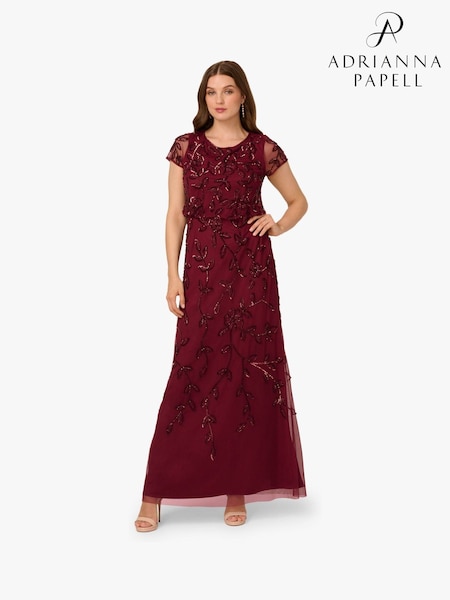 Adrianna Papell Red Blouson Beaded Long Dress (H86658) | AED1,450