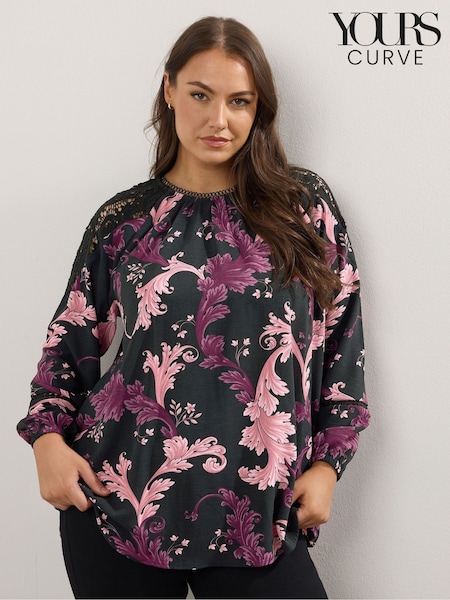 Yours Curve Charcoal Black Lace Raglan Blouse (H86699) | 168 QAR