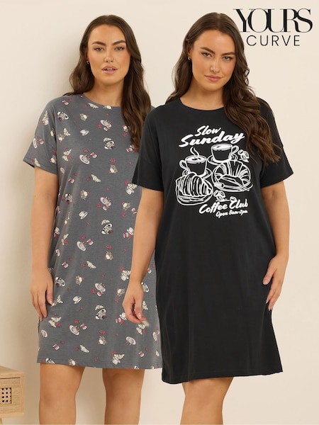 Yours Curve Black Coffee Club Sleep T-Shirts 2 Pack (H86704) | €38