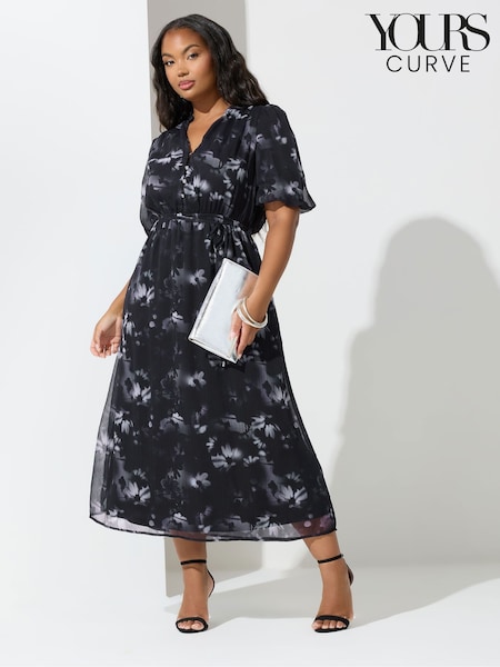 Yours Curve Grey London Blurred Floral Print Puff Sleeve Short Dress (H86738) | €70