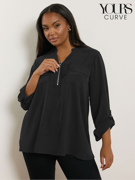 Preto - Yours Curve Zip Notch Neck Blouse (H86742) | R$ 285