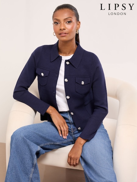 כחול כהה - Lipsy Collared Military Long Sleeve Knitted Cardigan Jacket With Pockets (H86772) | 209₪