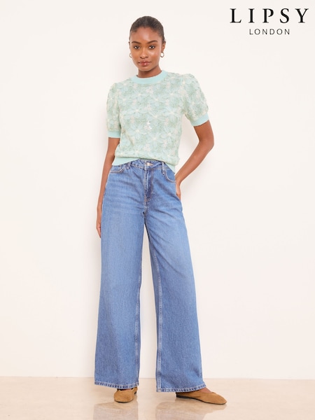 Lipsy Embellished Lace Detail Short Sleeve Crew Neck Knitted Jumper (H86783) | 68 €