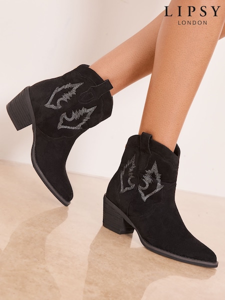 Lipsy Black Standard fit Faux Suede Pull On Western Ankle Boots (H86894) | SGD 112