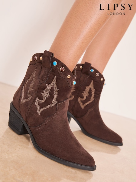 Lipsy Chocolate Brown Standard fit Standard Fit Leather And Faux Suede Pull On Western Ankle Boots (H86898) | €98