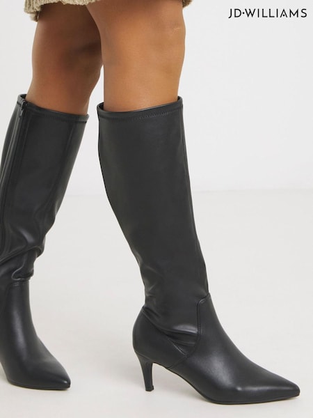 JD Williams Black Extra Wide Fit Kitten Heel Knee High Sock Boots In Standard Calf (H87018) | €85