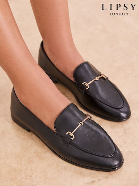 Lipsy Black Faux Leather Almond Toe Snaffle Workwear Loafers (H87039) | SGD 70