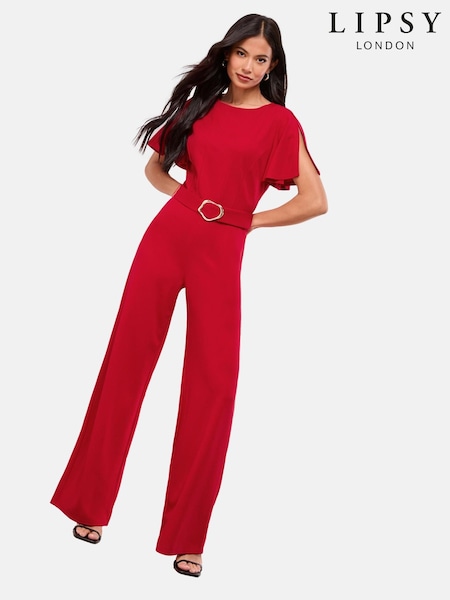 Lipsy Red Petite Hardware Belted Short Sleeve Jumpsuit (H87087) | €76