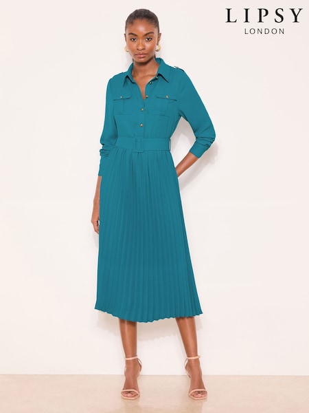 Lipsy Teal Blue Marble Print Woven Pleated Midi Shirt Dress (H87103) | $155