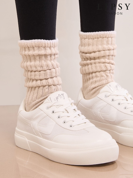 Lipsy White Wide Fit Chunky Canvas Lace Up Sports Trainers (H87185) | NT$1,210