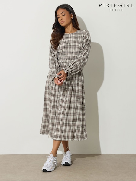 PixieGirl Petite Grey Check Shirred Long Sleeve Midi Dress (H87202) | €52