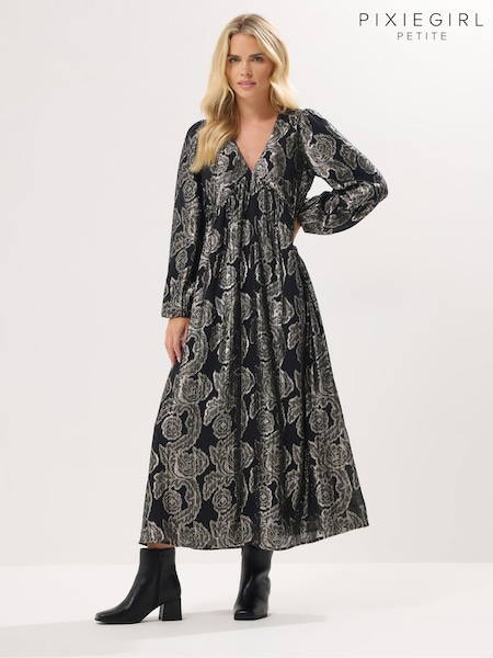 PixieGirl Petite Black Jacquard Long Sleeve Smock Maxi Dress (H87220) | €59