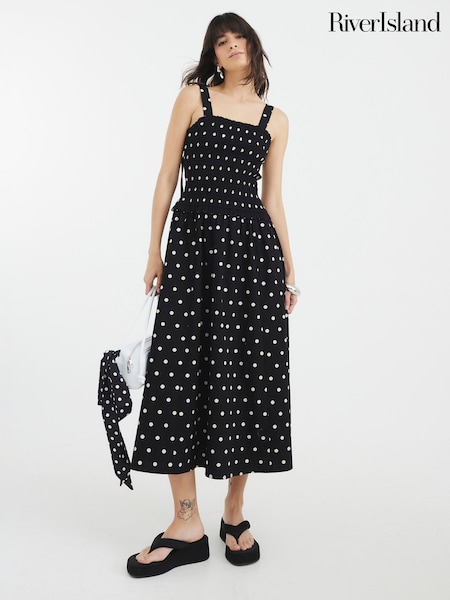 River Island Black Polka Dot Shirred Midi Dress (H87385) | €60