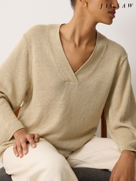 Jigsaw Natural 100% Linen V-Neck Slouchy Jumper (H87416) | €173