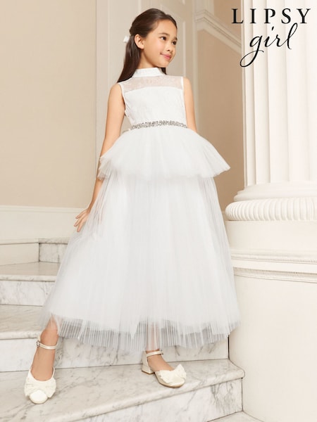 Lipsy White Holy Communion Embellished Tulle Peplum Occasion Dress (7-11yrs) (H87459) | €137 - €143