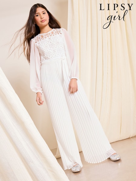 Lipsy White Lace 2-in-1 Pleated Occasion Jumpsuit (5-16yrs) (H87470) | $165 - $188