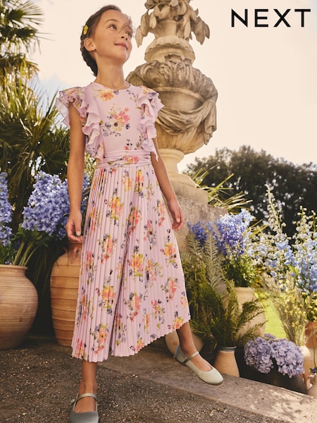 Lilac Purple Short Sleeve Pleated Ruffle Jumpsuit (3-16yrs) (H87487) | $78 - $92