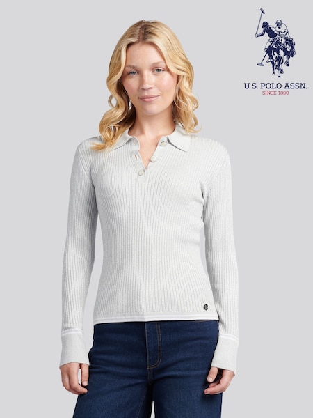 U.S. Polo Assn. Grey Lurex Rib Knit Polo Shirt (H87903) | R$ 740