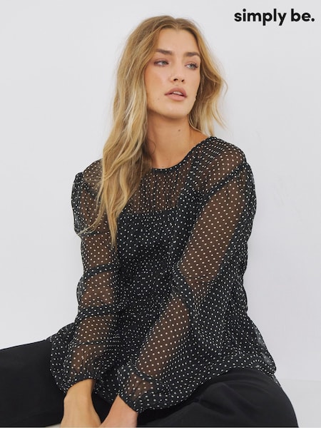 Simply Be Black Georgette Spot Print Shirred Blouse (H87972) | €51