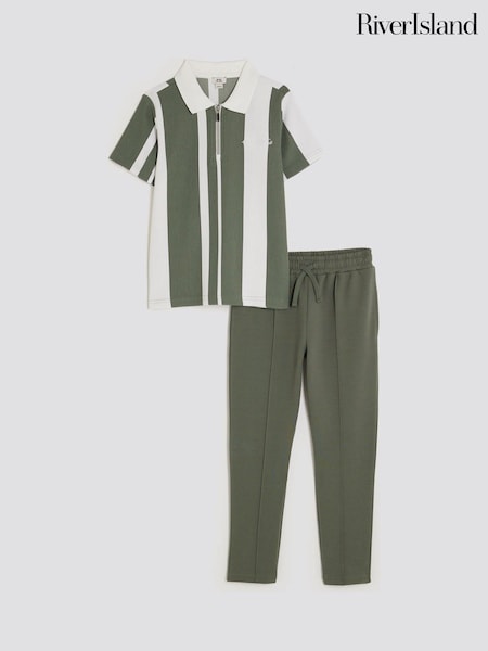 River Island Green Boys Stripe Polo Joggers Set (H88003) | €42