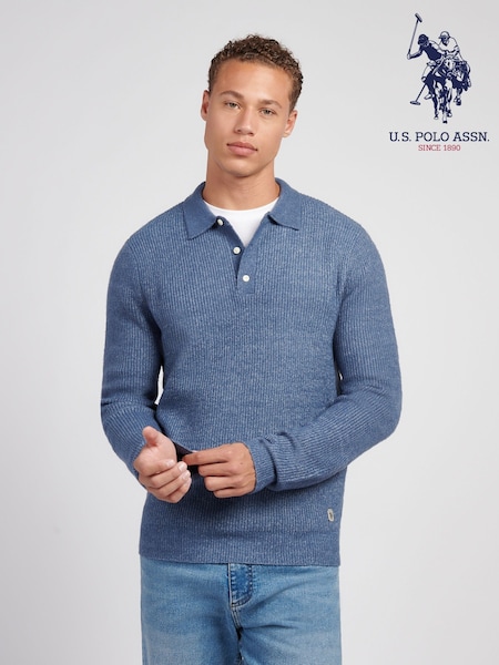U.S. Polo Assn. Blue Mens Brushed Knit Long Sleeve Polo Shirt (H88061) | 346 QAR