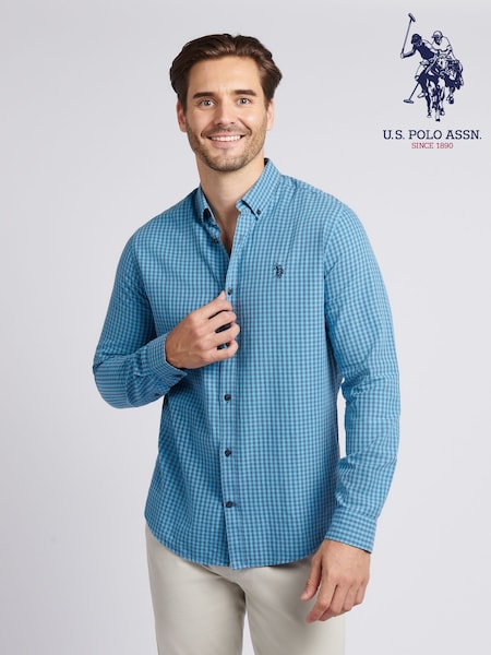 U.S. Polo Assn. Blue Mens Herringbone Weave Peached Gingham Shirt (H88065) | 322 QAR