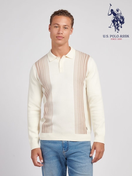 U.S. Polo Assn. White Mens Vertical Stripe Knit Long Sleeve Polo Shirt (H88085) | AED408
