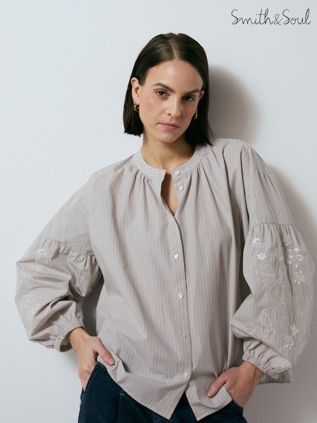 Smith & Soul Grey Striped & Embroidered Blouse (H88142) | €139
