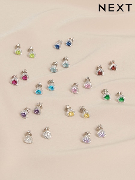 Sterling Silver Tone Birthstone Heart Stud Earrings (H88165) | €26.50