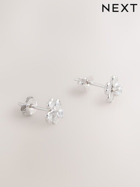 Sterling Silver Tone Sparkle Flower Stud Earrings (H88169) | 66 QAR