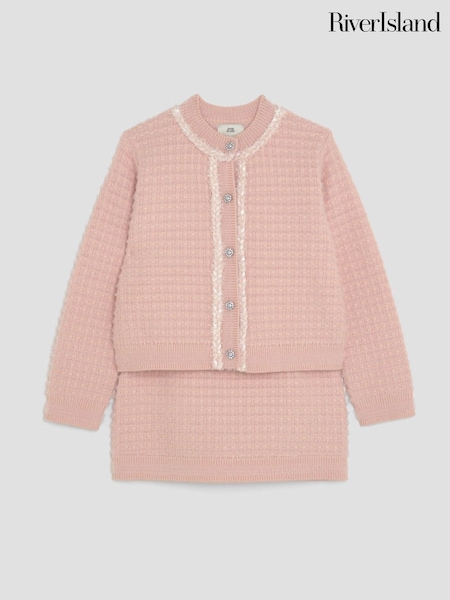 River Island Pink Girls Boucle Cardigan and Skirt Set (H88177) | €56