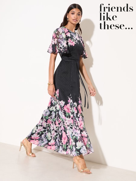 Friends Like These Black Floral Spot Chiffon Short Sleeve Midi Dress (H88470) | $132