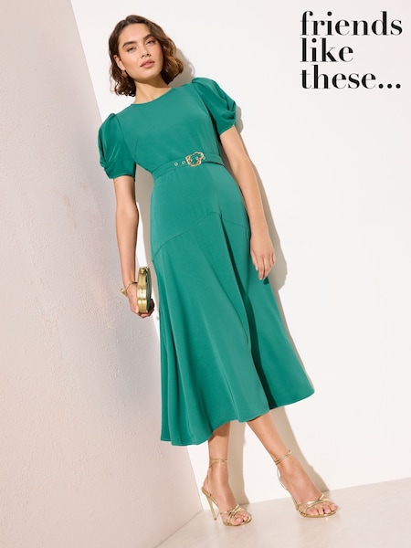 Friends Like These Khaki Green Petite Ruched Short Sleeve Belted Midi Dress (H88487) | $92