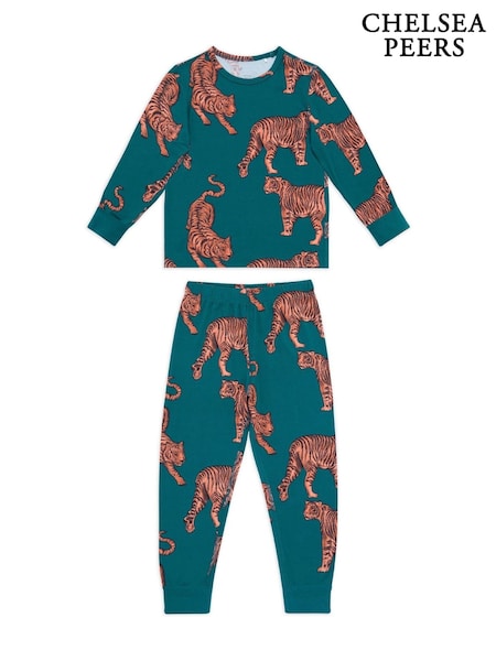 Chelsea Peers Green Kids Tiger Print Long Pyjamas Set (H88574) | AED116