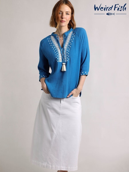 Weird Fish Blue Double Adalia Cotton Embroidered Cloth Blouse (H88684) | €58