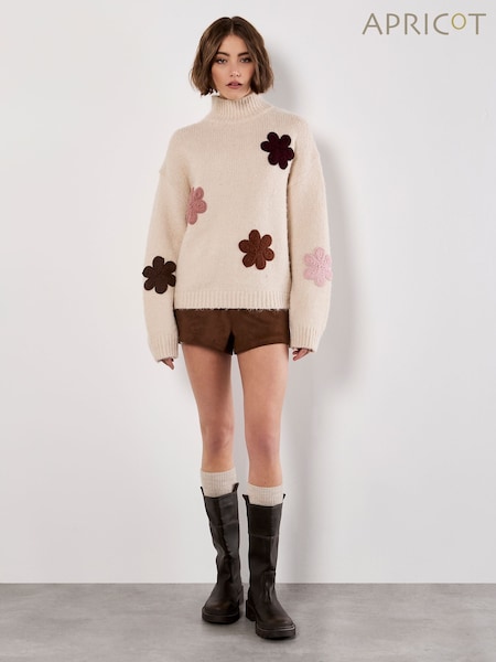 Apricot Natural Embroidered Flower Mock Neck Jumper (H88685) | SGD 87