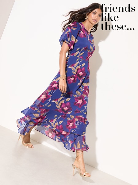 Friends Like These Navy Floral Puff Sleeve Tier Hem Midi Dress (H88855) | €78.50