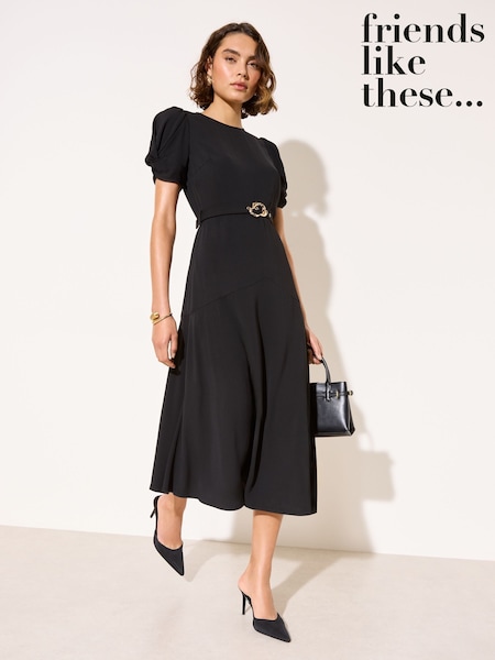 שחור - Friends Like These Ruched Short Sleeve Belted Midi Dress (H88889) | ‏205‏₪