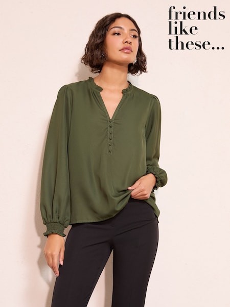 Friends Like These Olive Green Long Sleeve V-Neck Button Front Blouse (H89077) | R$ 255