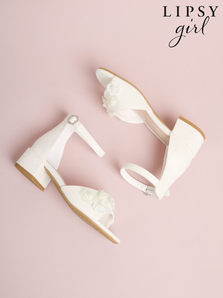 Lipsy White Sequin Corsage Occasion Flower Girl Block Heel Sandals (H89185) | $62 - $71