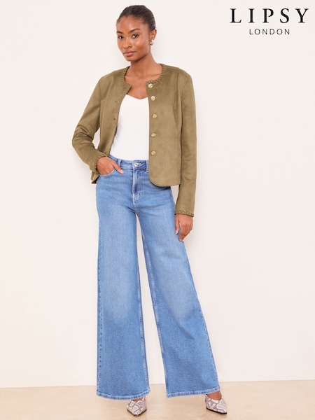 Lipsy Faux Suede Olive Green Whipstitch Detail Collarless Jacket (H89334) | SGD 134