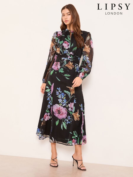 Lipsy Black Long Sleeve Woven Floral Midi Dress (H89361) | SGD 132