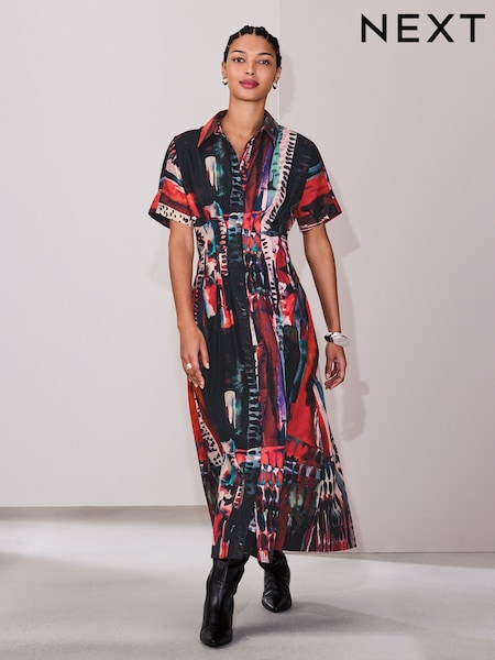 Red Abstract Print Short Sleeve Cinched Waist Midi Shirt Dress (H89434) | AED206