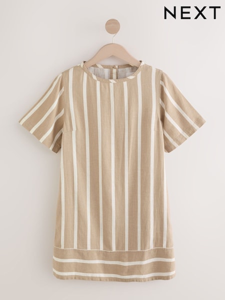 Rayas en marrón/blanco - Linen Blend Button Back Mini T-Shirt Dress (H89440) | 43 €