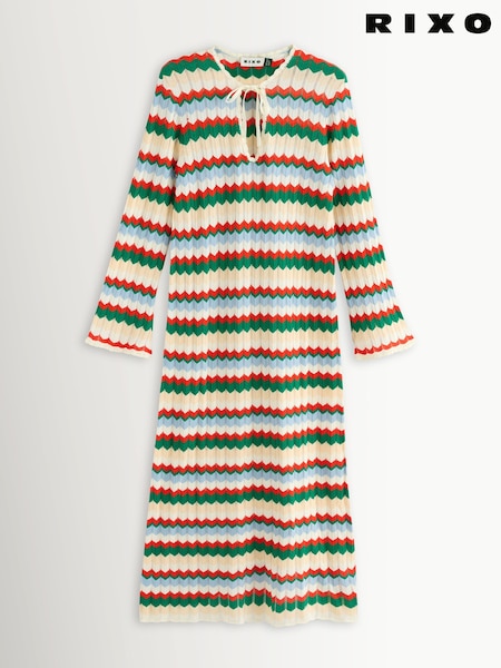 Rixo Cream Lucila Retro Multi Chevron Dress (H89543) | kr6 210