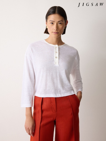 Jigsaw White Long Sleeve Linen Henley Top (H89862) | €113